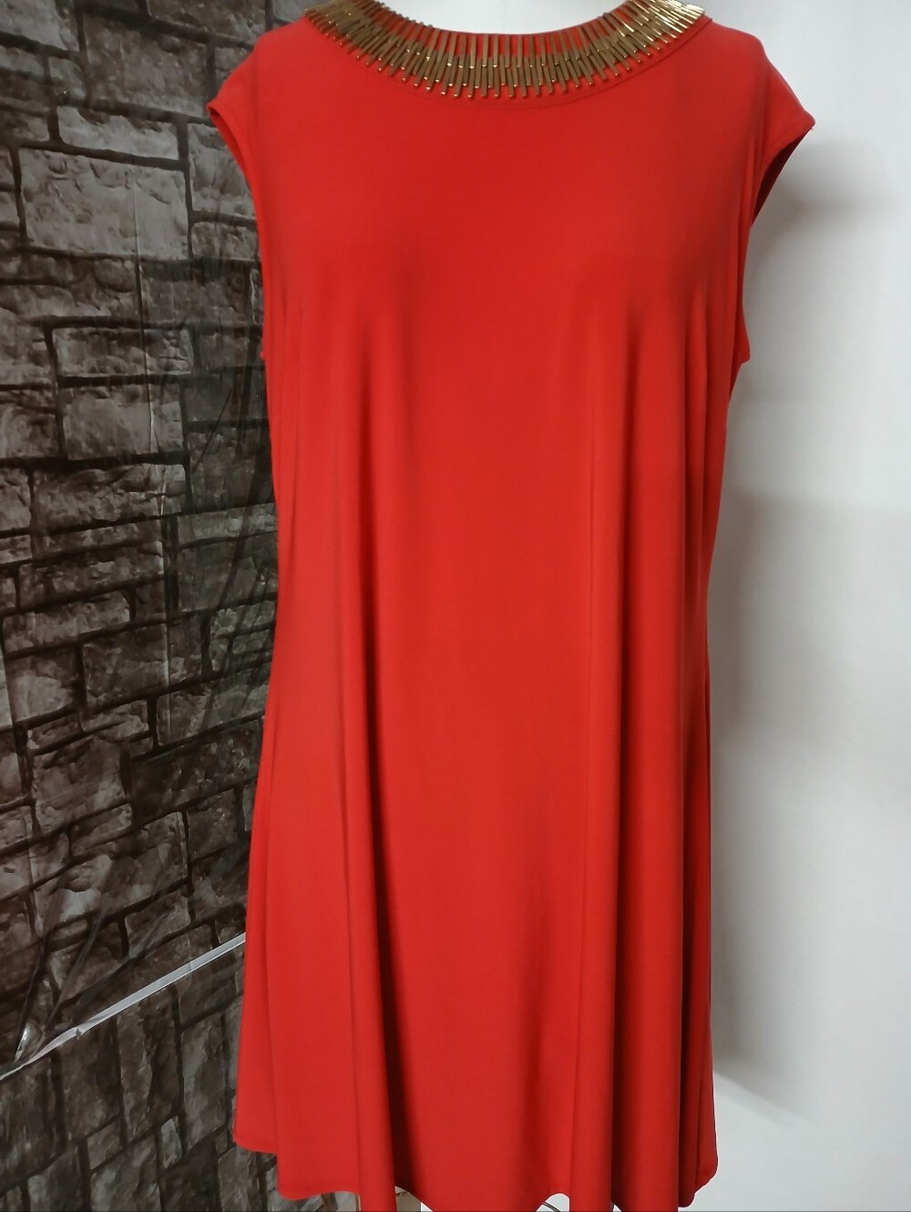 Red Midi Dress with Gold Accent Necklace Collar